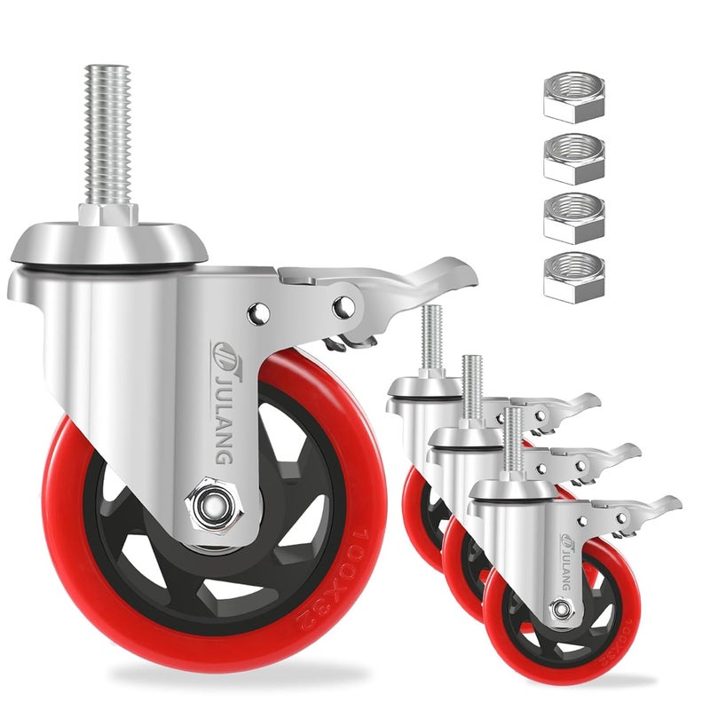 Julang 4 inch Caster Wheels 1/2 Threaded Stem Casters Set of 4 Heavy Duty 2400lbs, 1/2"-20 x1.25(Stem Diameter 1/2", 20 Threaeds Per Inch, Length 1.25"), Industrial Castor Wheels for Cart,Furniture - Image 1